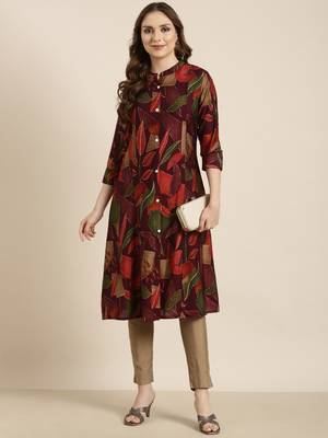 Showoff women's calf length mandarin collar purple floral a-line kurta 5