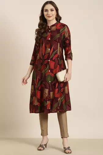 Showoff women's calf length mandarin collar purple floral a-line kurta