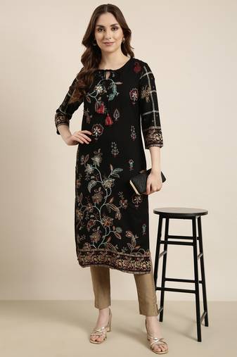 women's calf length tie-up neck black floral straight kurta