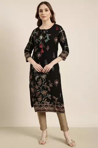 women's calf length tie-up neck black floral straight kurta