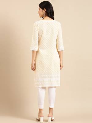women's calf length round neck yellow solid straight kurta 4