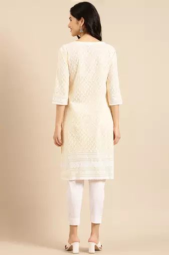 women's calf length round neck yellow solid straight kurta