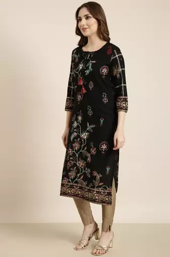 women's calf length tie-up neck black floral straight kurta