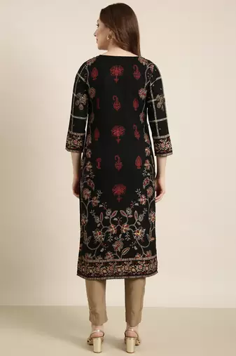 women's calf length tie-up neck black floral straight kurta