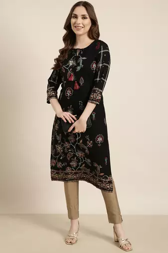 women's calf length tie-up neck black floral straight kurta