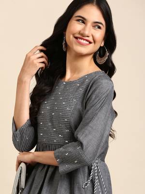 women's ankle length round neck grey embellished anarkali kurta 1