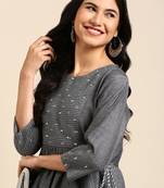 women's ankle length round neck grey embellished anarkali kurta