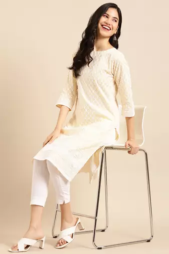 women's calf length round neck yellow solid straight kurta