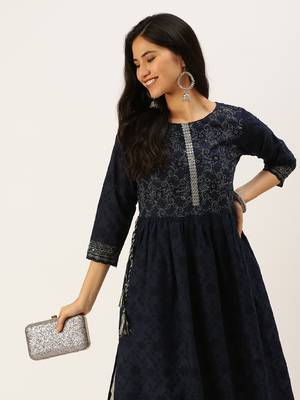 Showoff women's ankle length round neck navy blue solid anarkali kurta 1