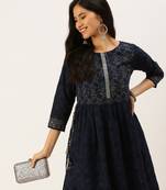 Showoff women's ankle length round neck navy blue solid anarkali kurta