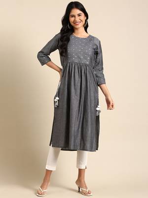 women's ankle length round neck grey embellished anarkali kurta 4