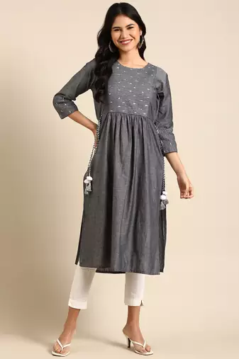 women's ankle length round neck grey embellished anarkali kurta