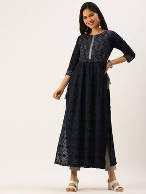 Showoff women's ankle length round neck navy blue solid anarkali kurta 2