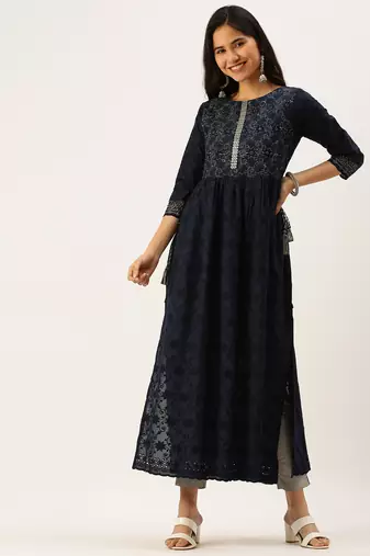 Showoff women's ankle length round neck navy blue solid anarkali kurta