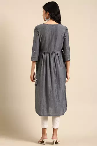 women's ankle length round neck grey embellished anarkali kurta