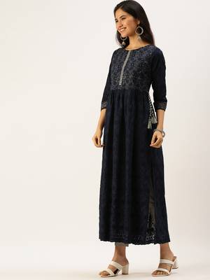 Showoff women's ankle length round neck navy blue solid anarkali kurta 3