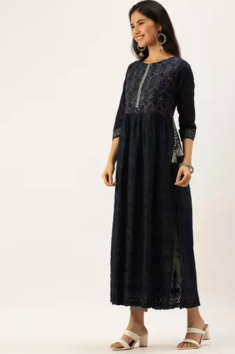 Showoff women's ankle length round neck navy blue solid anarkali kurta