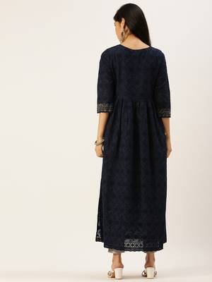 Showoff women's ankle length round neck navy blue solid anarkali kurta 4