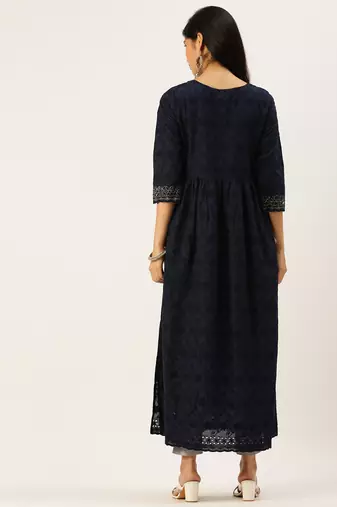 Showoff women's ankle length round neck navy blue solid anarkali kurta