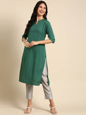 women's calf length v-neck green solid straight kurta 4