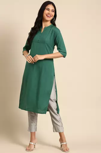 women's calf length v-neck green solid straight kurta