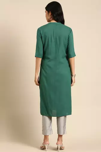 women's calf length v-neck green solid straight kurta