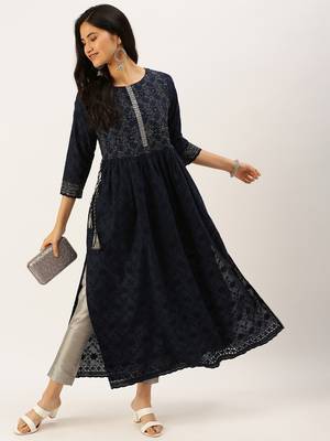Showoff women's ankle length round neck navy blue solid anarkali kurta 5