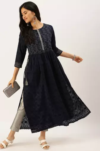 Showoff women's ankle length round neck navy blue solid anarkali kurta