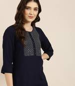 Showoff women's calf length round neck navy blue solid straight kurta