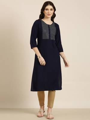 Showoff women's calf length round neck navy blue solid straight kurta 2