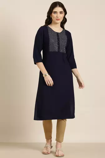 Showoff women's calf length round neck navy blue solid straight kurta