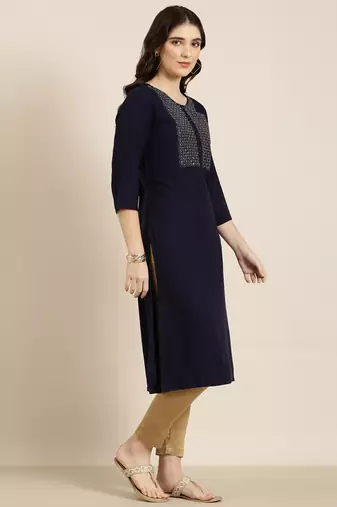 Showoff women's calf length round neck navy blue solid straight kurta