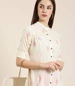 women's calf length mandarin collar cream ethnic motifs a-line kurta