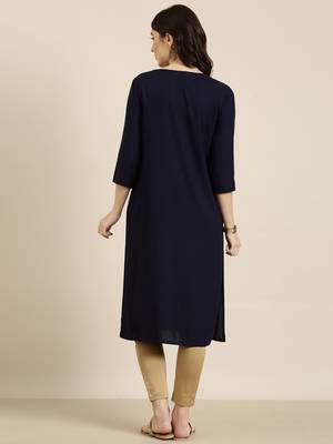 Showoff women's calf length round neck navy blue solid straight kurta 5