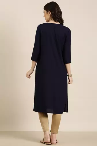Showoff women's calf length round neck navy blue solid straight kurta