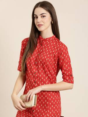 women's calf length mandarin collar red geometric a-line kurta 1