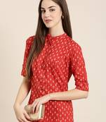women's calf length mandarin collar red geometric a-line kurta