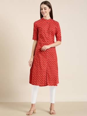 women's calf length mandarin collar red geometric a-line kurta 2