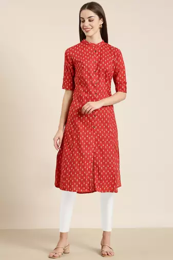 women's calf length mandarin collar red geometric a-line kurta