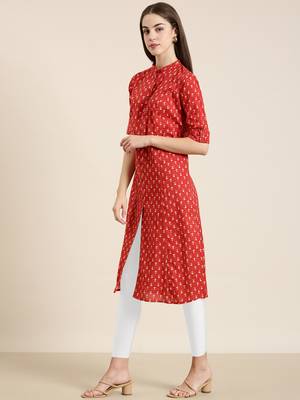 women's calf length mandarin collar red geometric a-line kurta 4