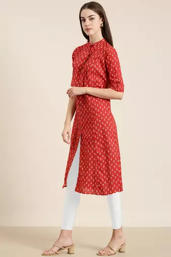 women's calf length mandarin collar red geometric a-line kurta
