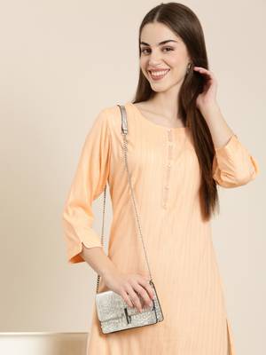 women's calf length round neck peach striped straight kurta 1
