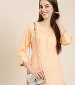 women's calf length round neck peach striped straight kurta