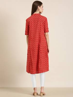 women's calf length mandarin collar red geometric a-line kurta 5