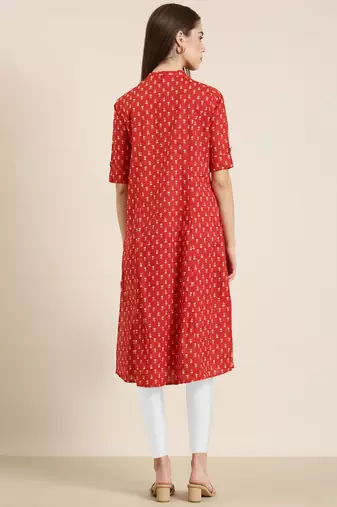 women's calf length mandarin collar red geometric a-line kurta