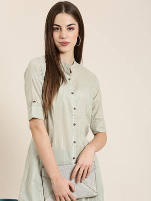women's calf length mandarin collar sea green striped a-line kurta 1