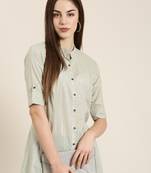 women's calf length mandarin collar sea green striped a-line kurta