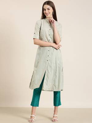 women's calf length mandarin collar sea green striped a-line kurta 2