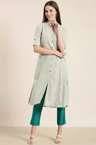 women's calf length mandarin collar sea green striped a-line kurta