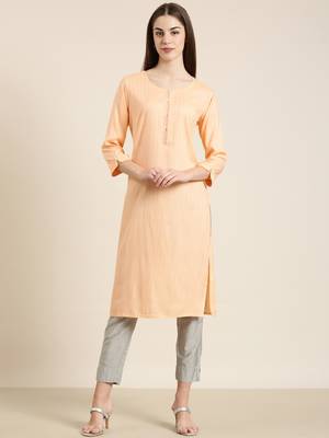 women's calf length round neck peach striped straight kurta 2